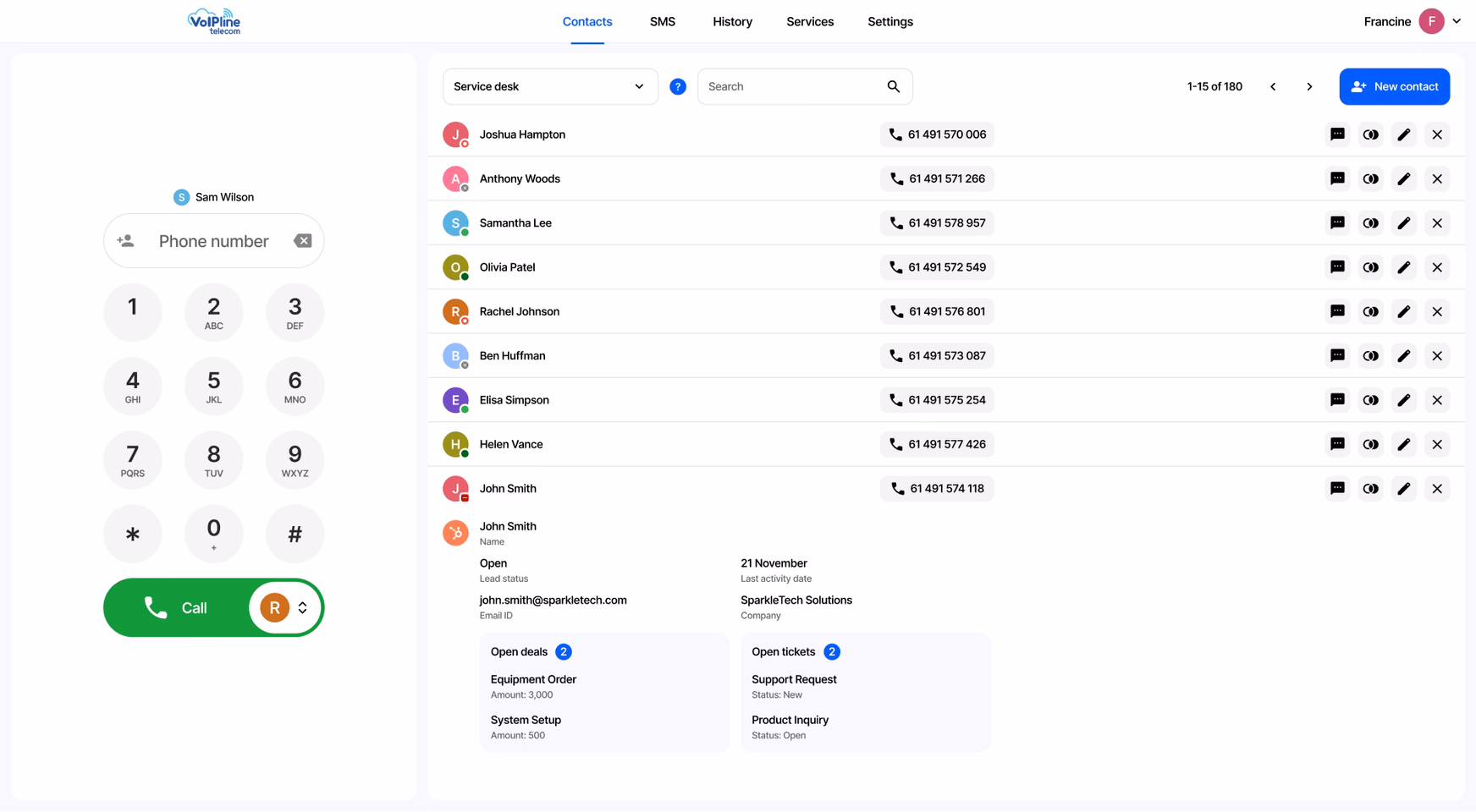 Софтфон с контактами, историей звонков и цифровой клавиатурой