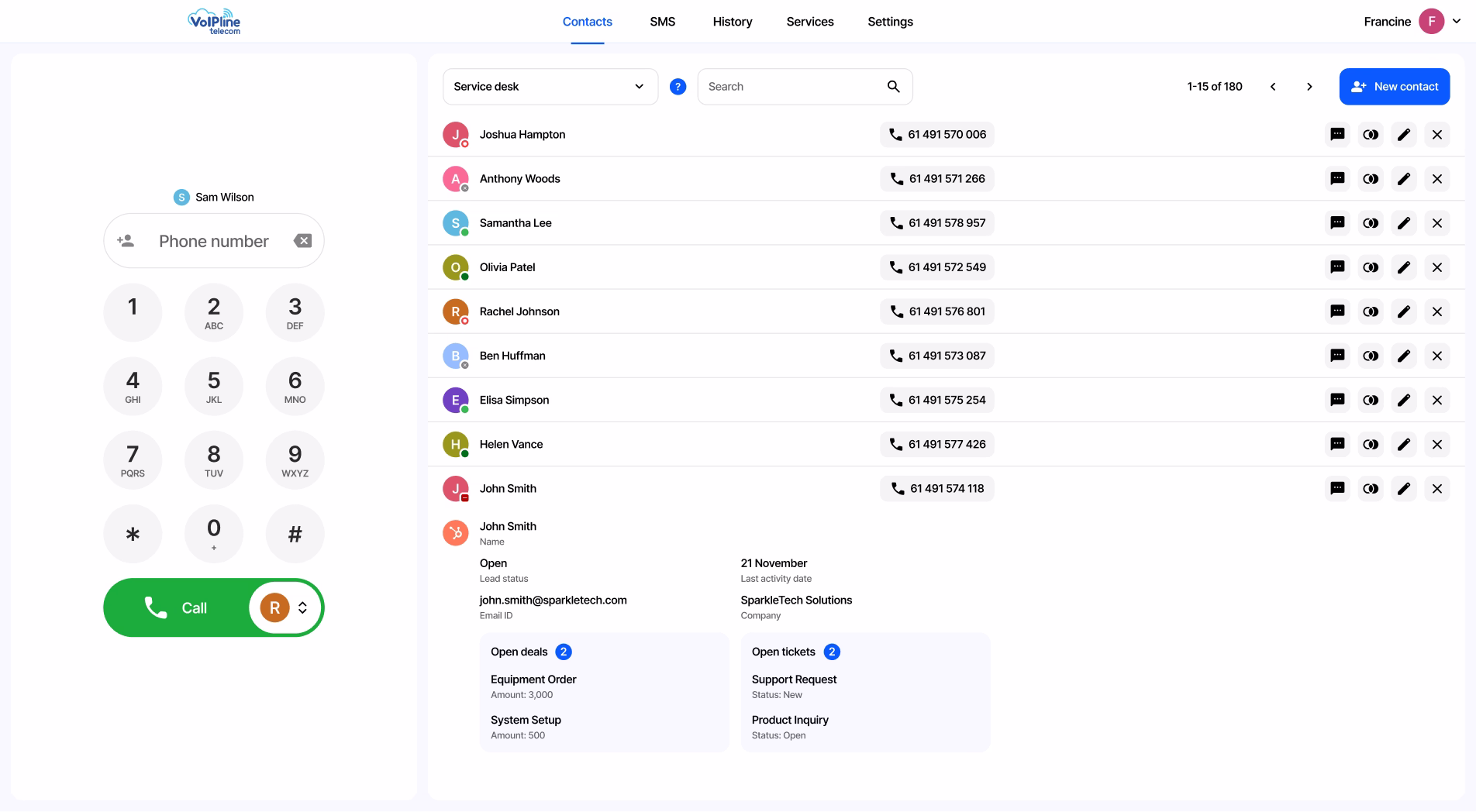 Софтфон с контактами, историей звонков и цифровой клавиатурой